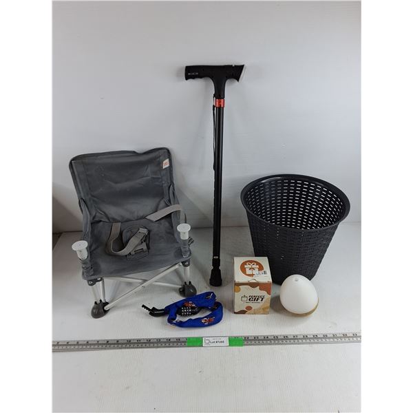 Kids Camp Chair, Code Bicycle Lock, Candle, Plastic Garbage Bin, Cane, Misc
