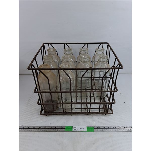 Metal Milk Bottle Crate & Glass Bottles