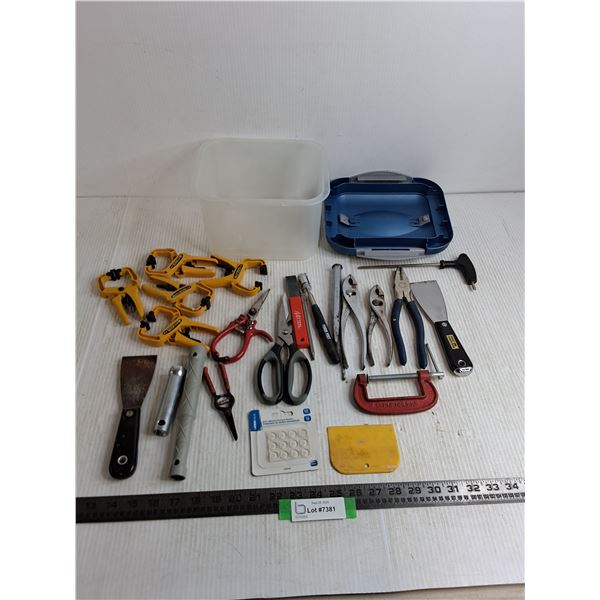 Assorted Hand Tools & Clamps, Sterilite Storage Bin