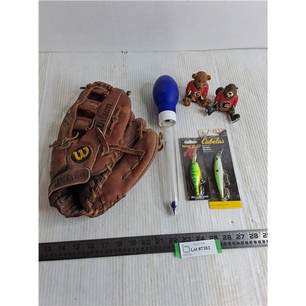Wilson Ball Glove, Tupperware Baster, Calgary Flames Ornaments, NIB Fish Lures