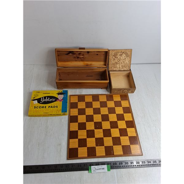 Wooden Storage Boxes, Yahtzee Score Pads, Chess/Checker Board