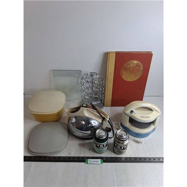Electric Jar Opener, Kettle, Tupperware, Coffee Pod Tree, Yeti Colsters, Glass Shelves, World Atlas