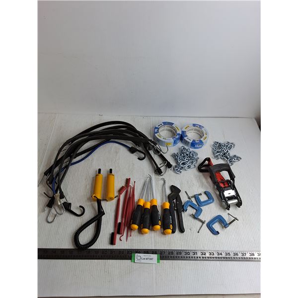 Assorted Hand Tools, Bungee Cords, Chains, New Tapes, Load Binder