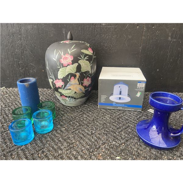 Home Decor Lot: Japanese Vase, Candleholders, Glass Set, Light Kit