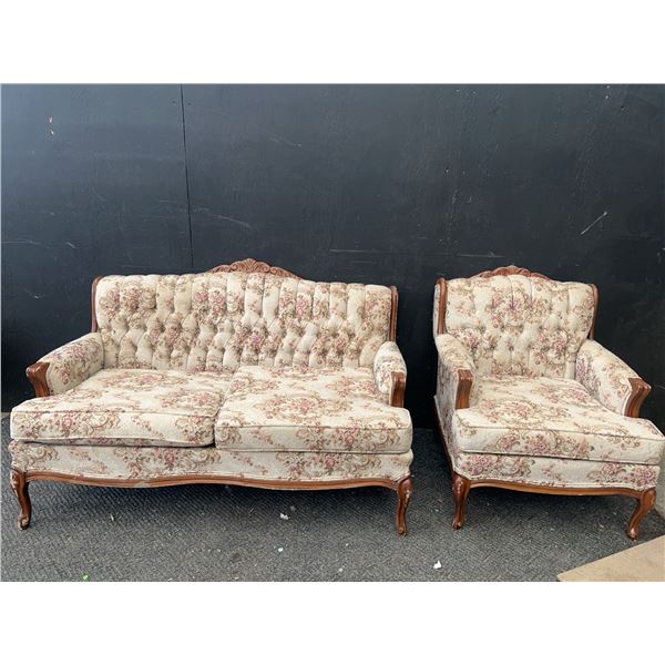Tufted Floral Sofa and Armchair Set with Wood Trim