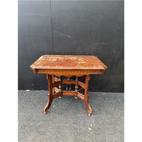 Wood Side Table with Ornate Turned Legs and Casters