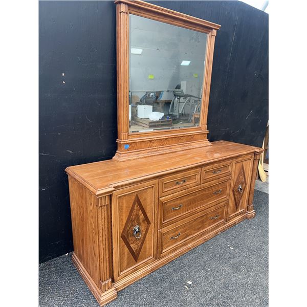Wooden Dresser With Mirror, 2 Side Cabinets, 6 Drawers