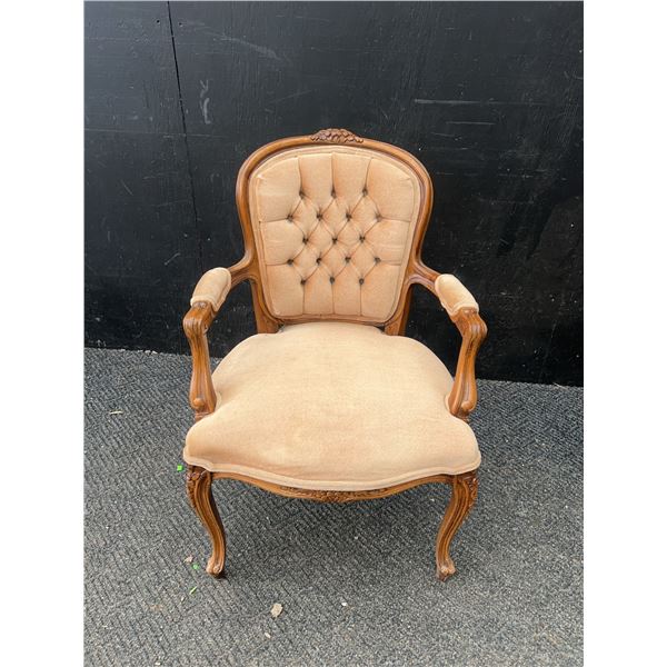 Upholstered Button-Tufted Carved Wood Armchair