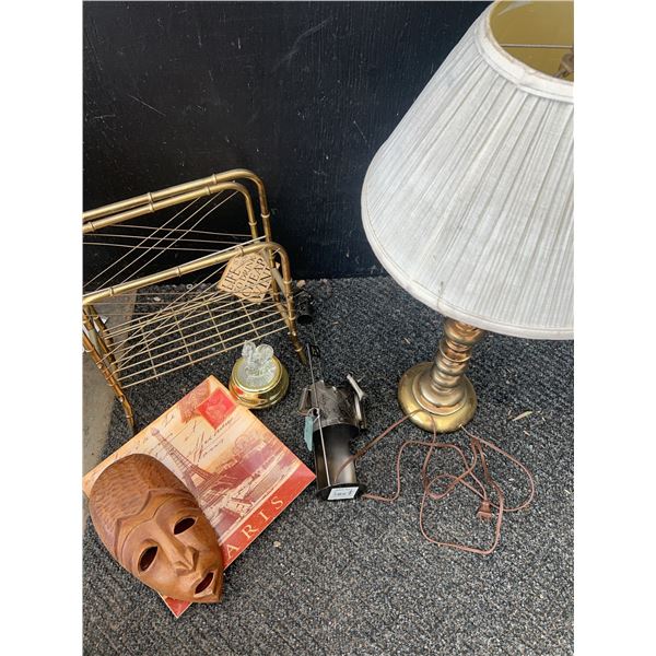 Home Decor Lot: Brass Lamp, Mask, Wine Holder & More