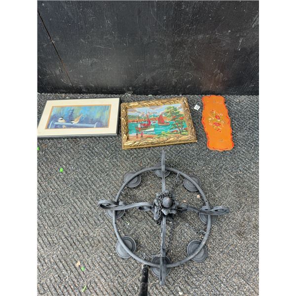 Lot: Framed Bird Print, Nautical Needlepoint, Decorative Plaque, Iron Chandelier