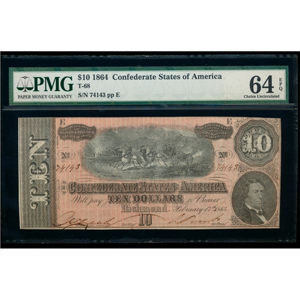 1864 $10 T-68 Confederate PMG 64EPQ