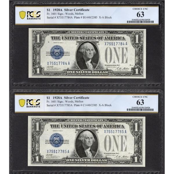 2 Consecutive 1928A $1 Silver Certificates PCGS 63