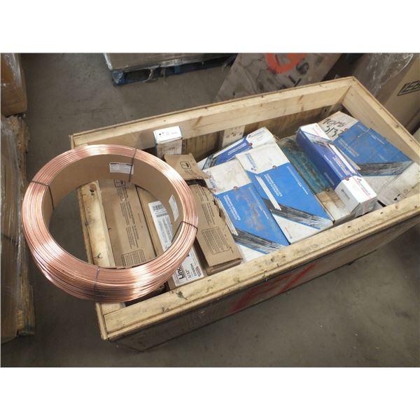 Wooden Crate Of Blue Shield Welding Rod & 3 Rolls Of Mig Wire