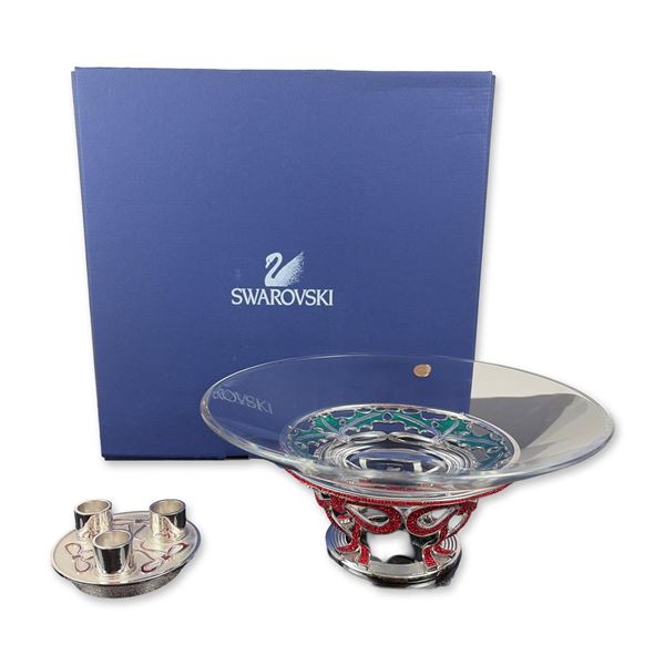 Swarovski Crystal Holiday Centerpiece Bowl and Candleholder Set