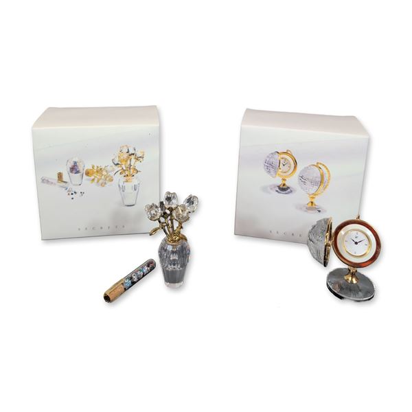 Two Swarovski Crystal Memories Secrets Collection Desk Clock Globe & Flower Vase with Crystal Vial