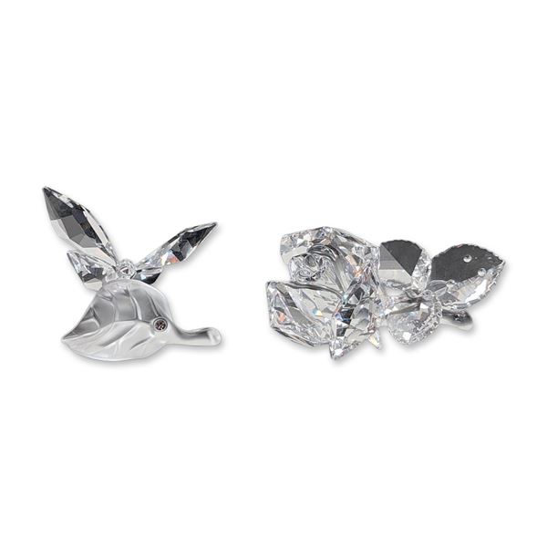 2pc Swarovski Crystal Rose and Butterfly on Leaf Figurines
