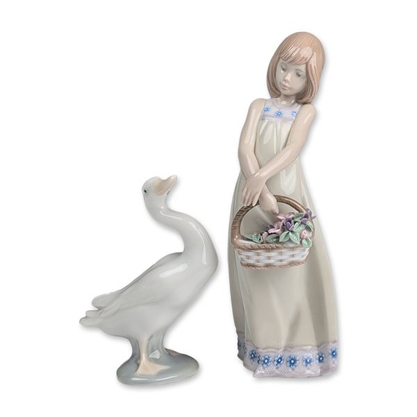 2pc Lladro Porcelain Figurines, Floral Treasures & Little Duck