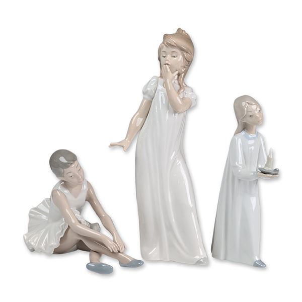 3pc Nao by Lladro Porcelain Figurines, Ballerina, Yawning & Girl with Candlestick