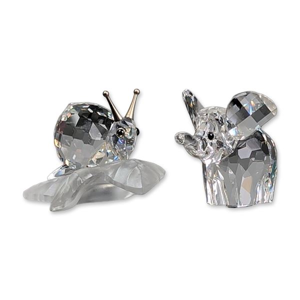 2pc Swarovski Crystal Figurines, Snail on Leaf and Small Elephant