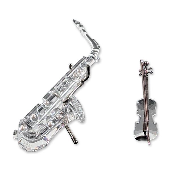 2pc Swarovski Crystal Violin Figurine and Saxophone Figurine with Stand