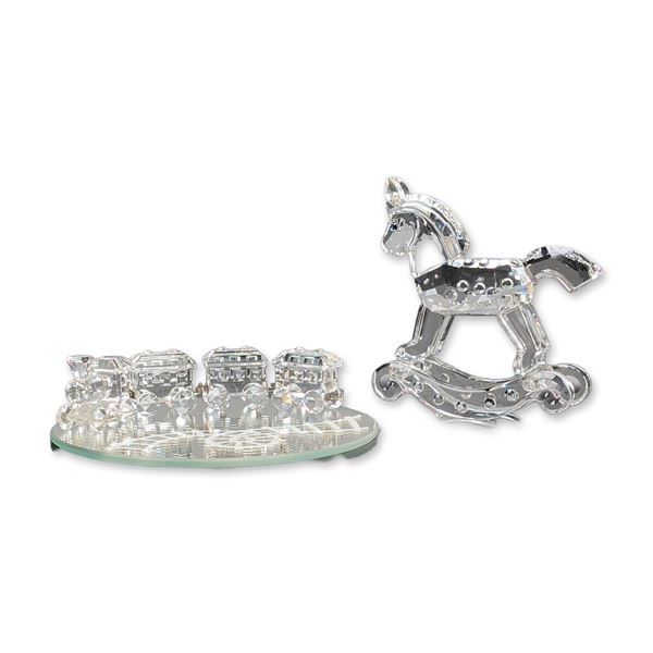 5pc Swarovski Silver Crystal Figurines and Base, Rocking Horse and Train Set