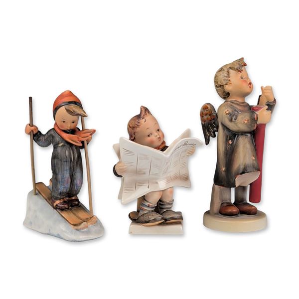 3pc Goebel Hummel Porcelain Figurines, Candlelight Christmas, Skier & Latest News