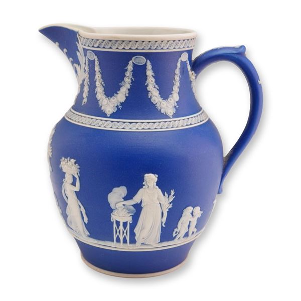 Wedgwood Cobalt Blue Jasperware Pitcher with Classical White Reliefs