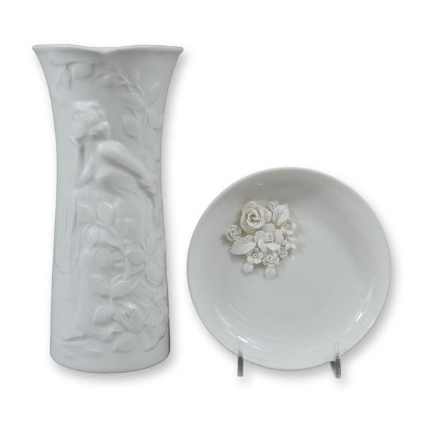 2pc Wedgwood White Glazed Porcelain John Bromley Vase and Petal Tray