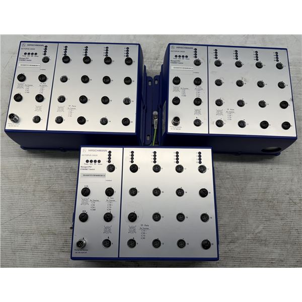 (3) Hirschmann #OCTOPUS OS20-002000T5T5T5-TBBY999GMSE3S Managed IP67 Ethernet Switches