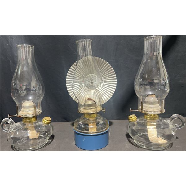Three Glass Oil Lamps With Metal Parts