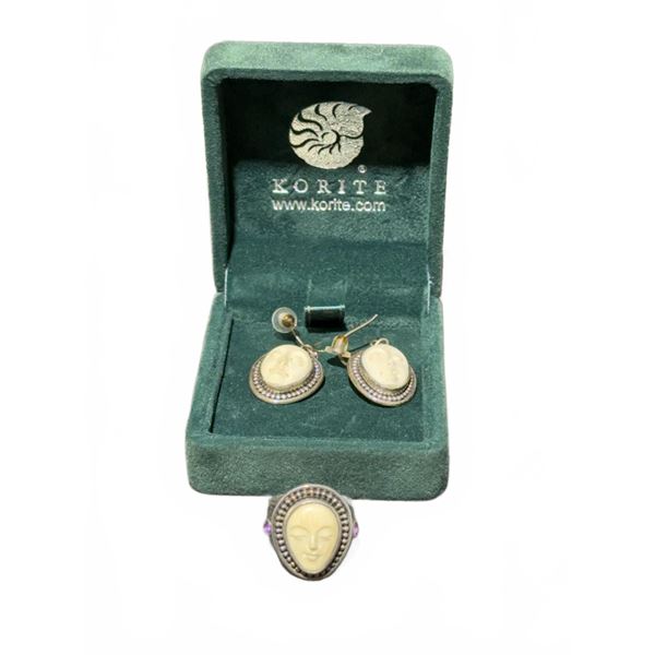 Korite Sterling Silver Face Motif Ring and Earring Set