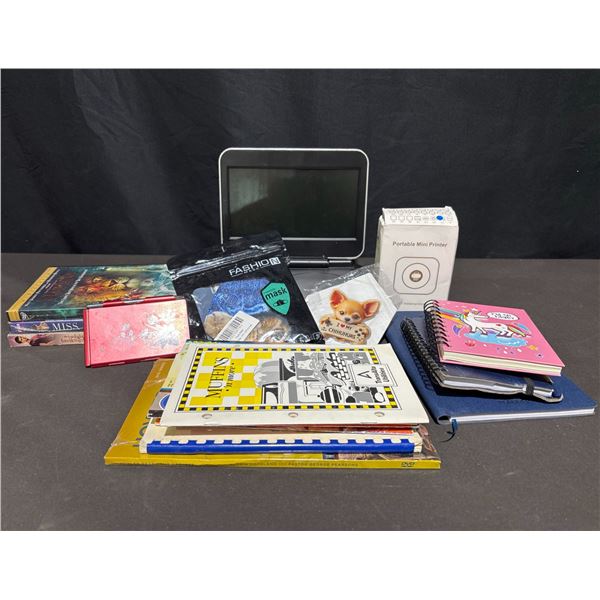 Venture Portable DVD Player, Mini Printer, DVDs, Notebooks, Card Holder Lot