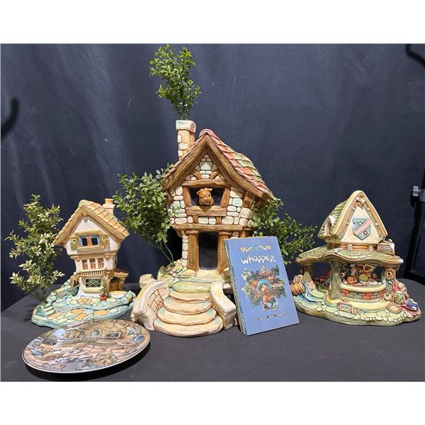 Pendelfin Rabbit Figurine Village Set with Books and Collector Plate