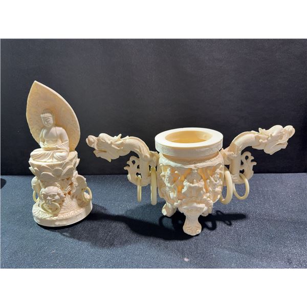 Chinese Carved Ivory Figures with Dragons and Buddha