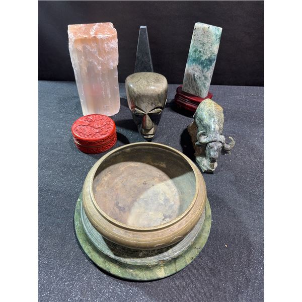 Decorative Stone Carvings, Box, and Bowl