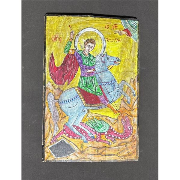Hand-Painted Saint George and Dragon Wooden Icon Plaque
