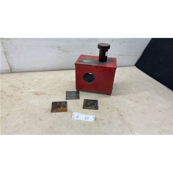 Antique Metal Magic Lantern Slide Projector with 3 Hand-Colored Glass Slides