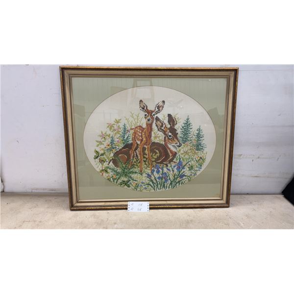 Framed Cross-Stitch Embroidery of Two Deer in Forest Setting, Wood Frame, 27 × 32”