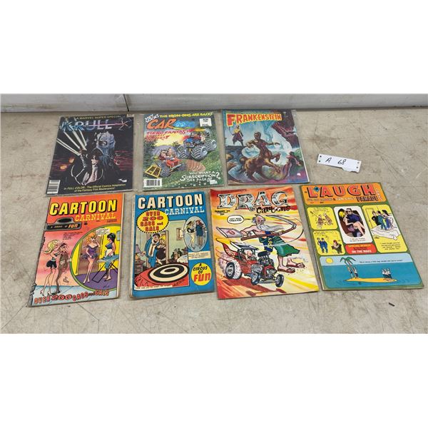 Vintage Comic and Magazine Lot: Marvel Krull, Frankenstein, CARtoons, Drag Cartoons