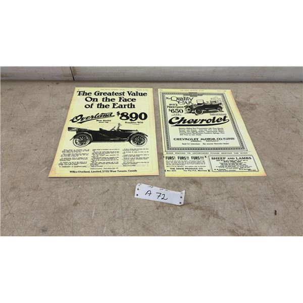Two Real 1916 Grain Growers' Guide Overland Model 75B and Chevrolet Advertising Pages, Laminated
