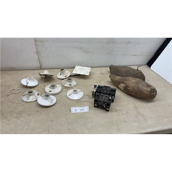 2 Vintage Headless Wood Duck Decoy Bodies, Porcelain and Plastic Light Fixtures, Circuit Breakers