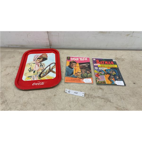 Coca-Cola "Woman at the Wheel" Tray, Gold Key Star Trek No. 4 and DC Batman No. 175 Comics