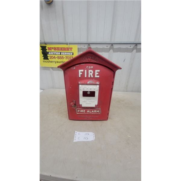 Gamewell Fire Alarm Box, "For Fire" and "Pull Down Hook" Labels, Red Metal Casing