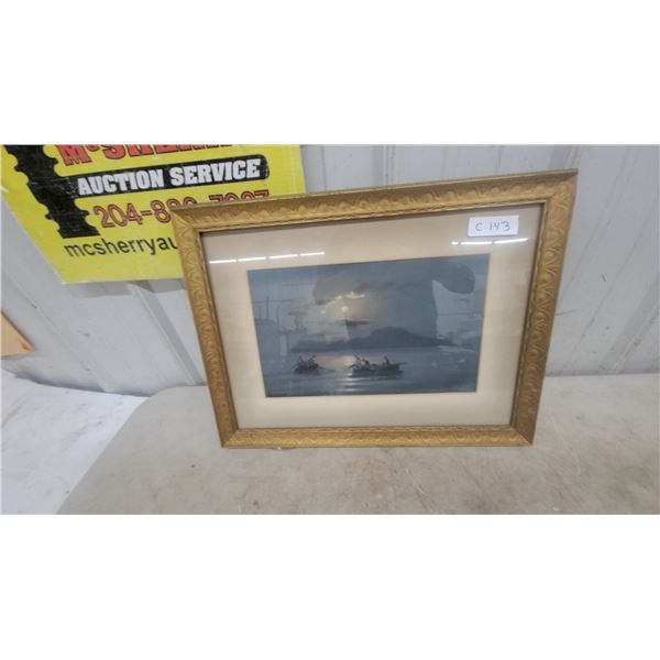 Framed Print of Boats at Sunset, Signed, with Gold-Tone Frame and Matting 16”×21”