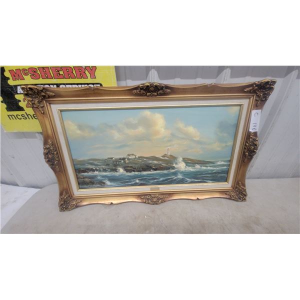 Framed Oil on Canvas Coastal Scene with Lighthouse, Signed