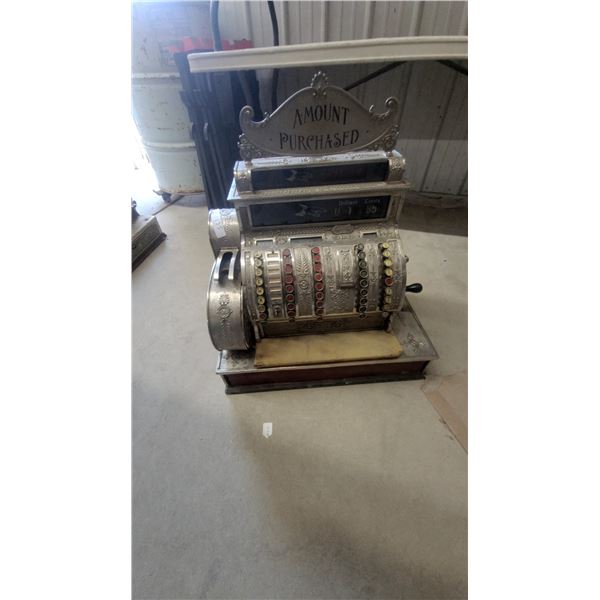 National Cash Register Co. Cash Register, " with topper Amount Purchased" Sign, and Keys Vintage