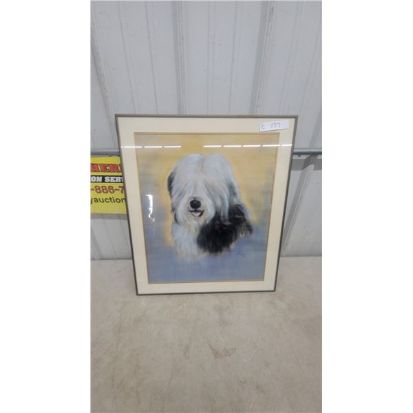 Framed Old English Sheepdog Pastel Painting, Signed, 22”×25”