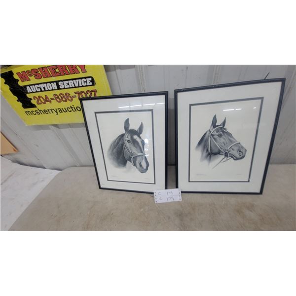 Two Framed Horse Head Prints, "Forward Pass" and "S.J. wallner 12”×15”