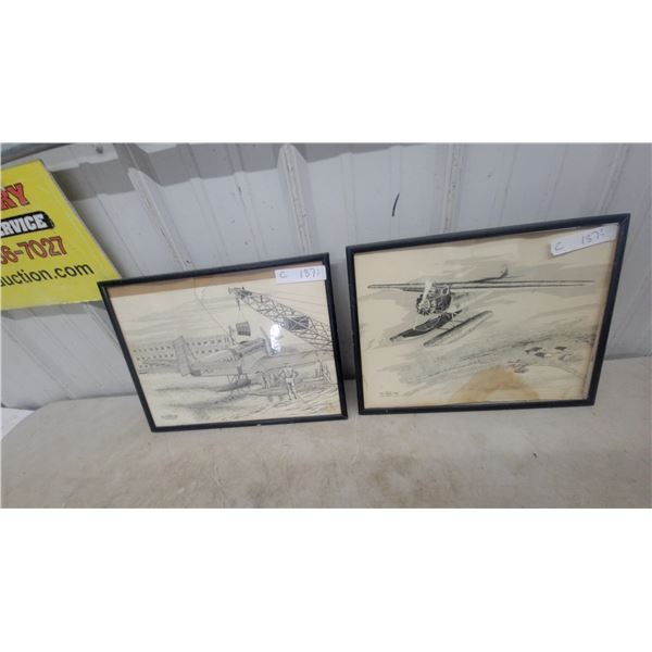 Two Framed Air Warfare 1931 Prints: Seaplane and Crane with Seaplane 13”×17”