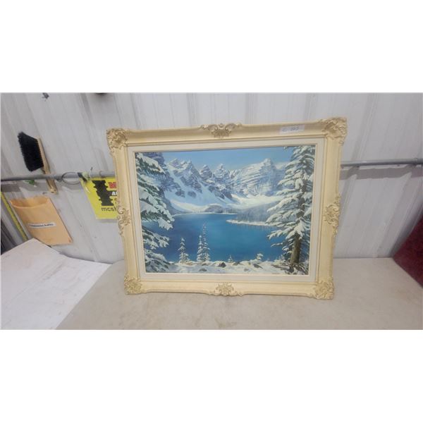 Framed Oil on Canvas Painting of a Winter Mountain Lake Scene 28”×36”